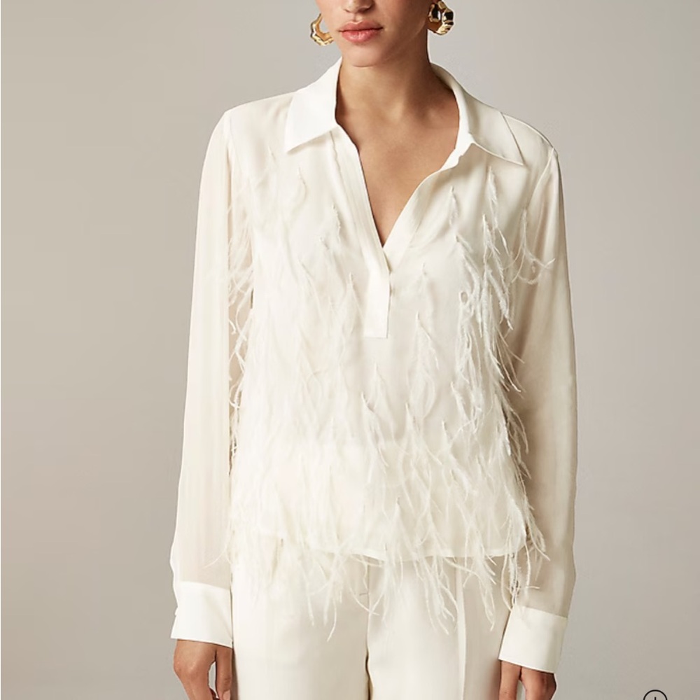 J. Crew (NWT) Bungalow feather-embellished top in chiffon in cream size S